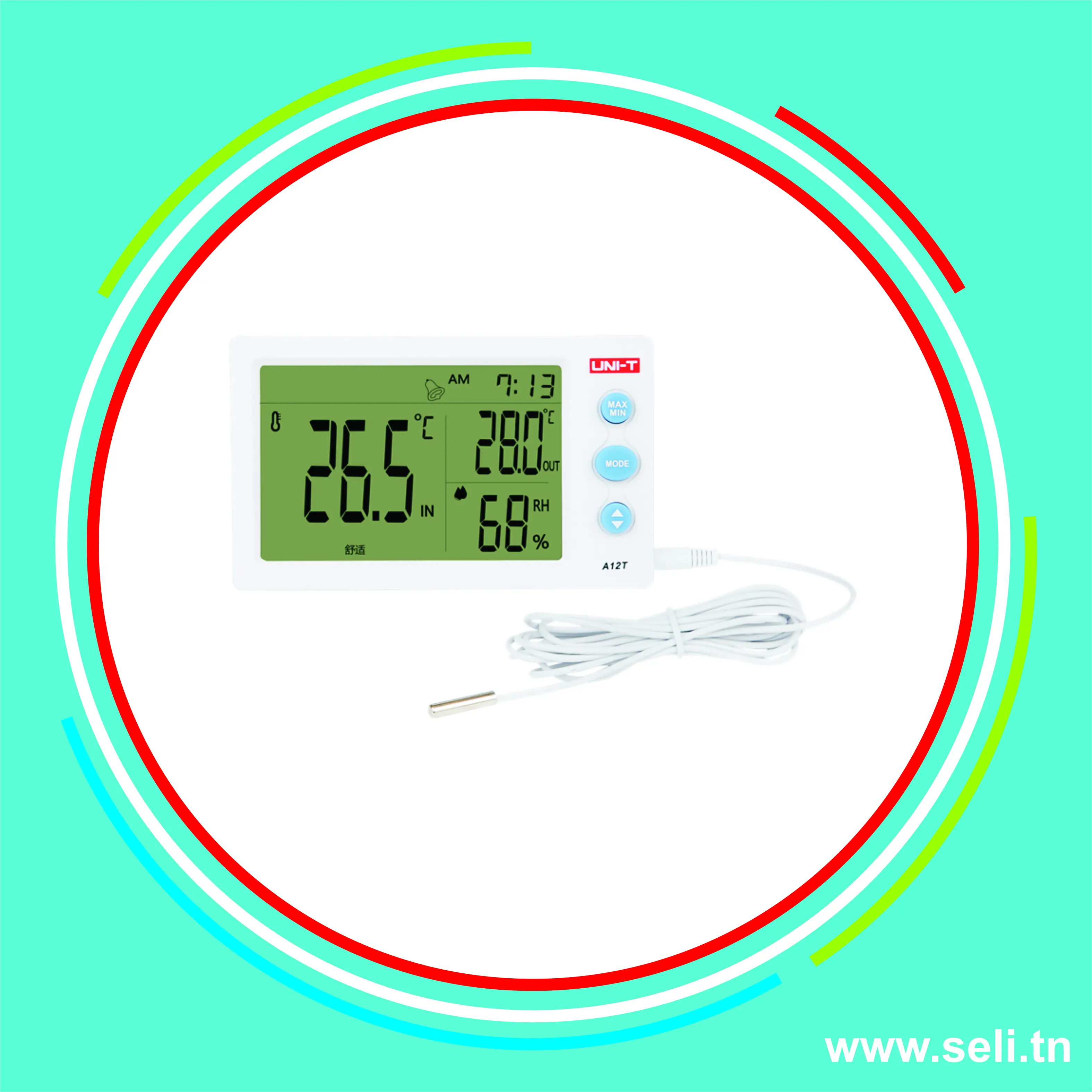 THERMOMETRE NUMERIQUE + HYGROMETRE AVEC FONCTION HORLOGE SONDE EXTERNE A12T.Arduino tunisie