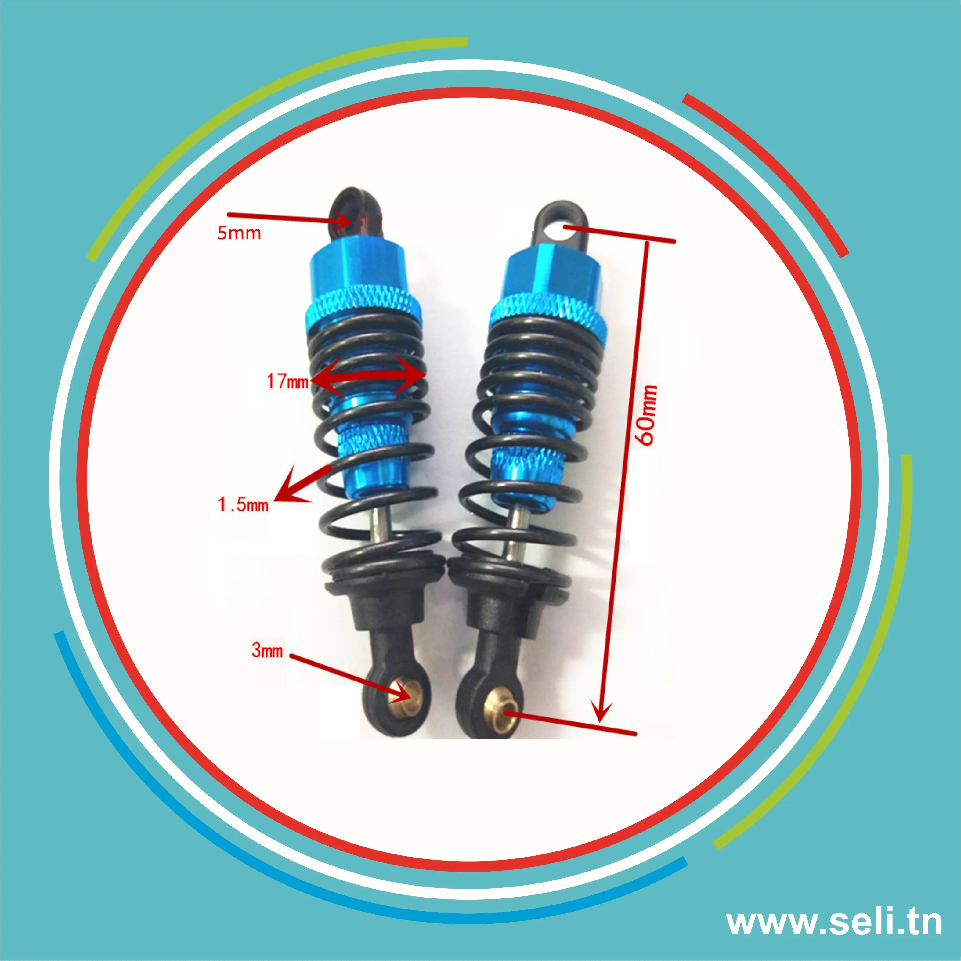 PAIR AMORTISSEUR METALLIQUE POUR VOITURE ROBOT LONGUEUR TOTAL 69MM COULEUR BLEU .Arduino tunisie