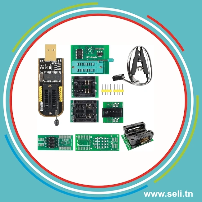 KIT PROGRAMMATEUR BIOS -FLASH USB CH341A +ADAPTATEUR+PINCES+SUPPORTS.Arduino tunisie
