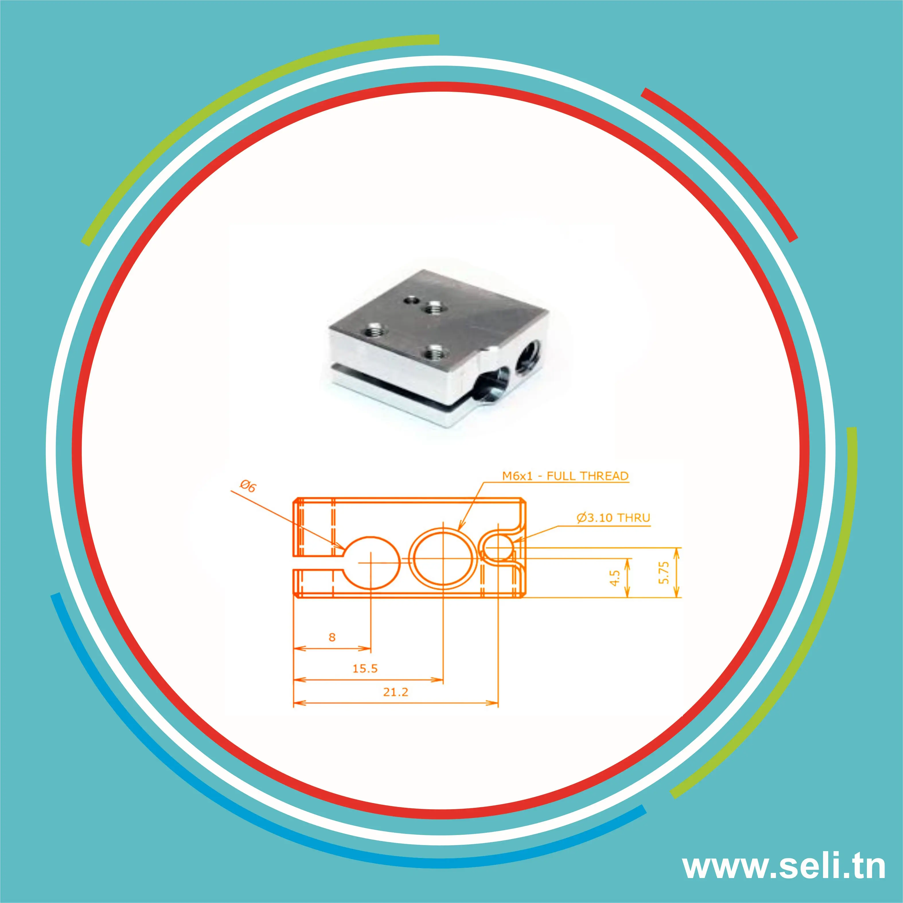 BLOC CHAUFFANT EN ALUMINIUM POUR TETE J-BUSE E3D VOLCANO 20X20X11.5MM.Arduino tunisie