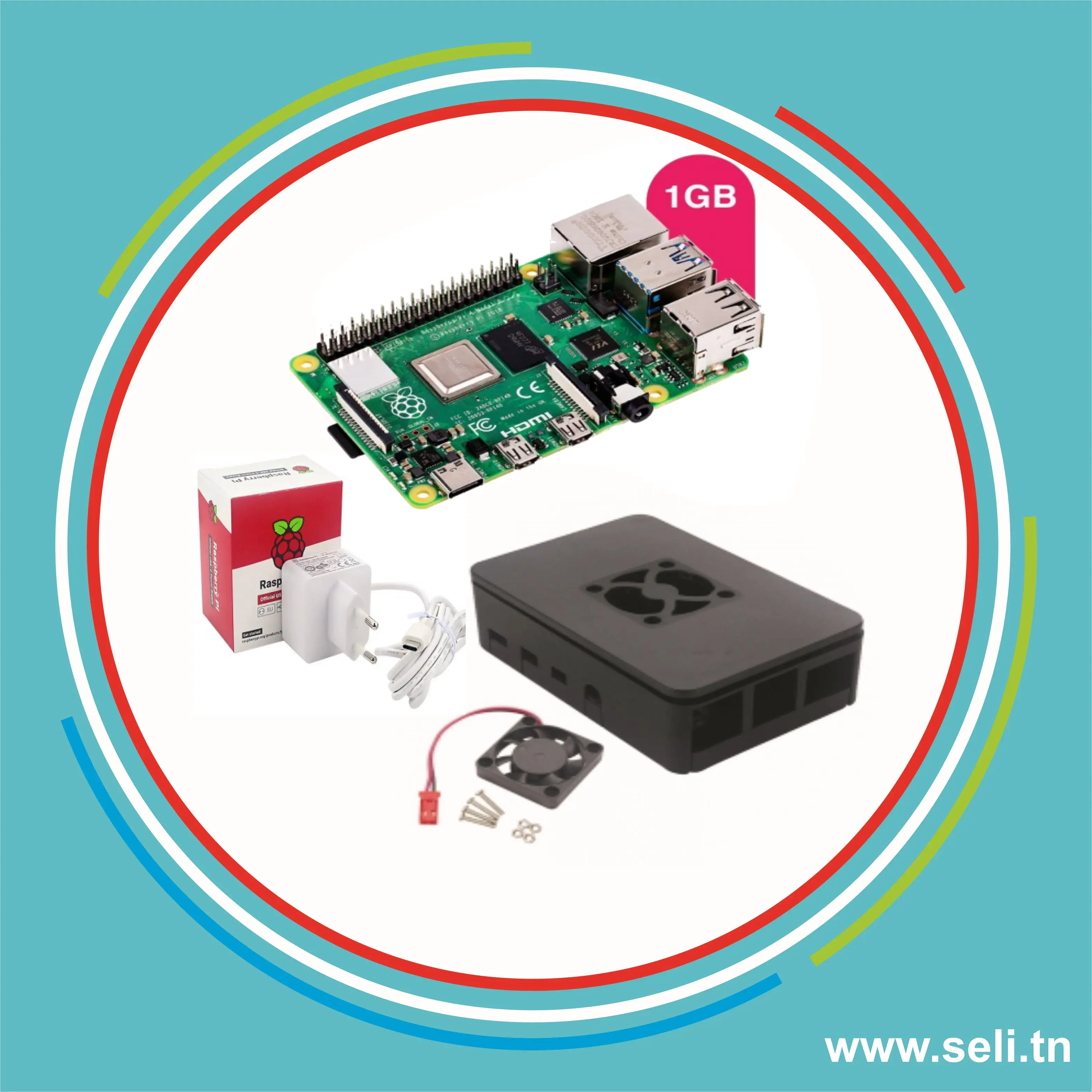 KIT RASPBERRY PI4 MODEL B 1G RAM+ ALIM OFFICIEL+ BOITIER + VENTILATEUR.Arduino tunisie