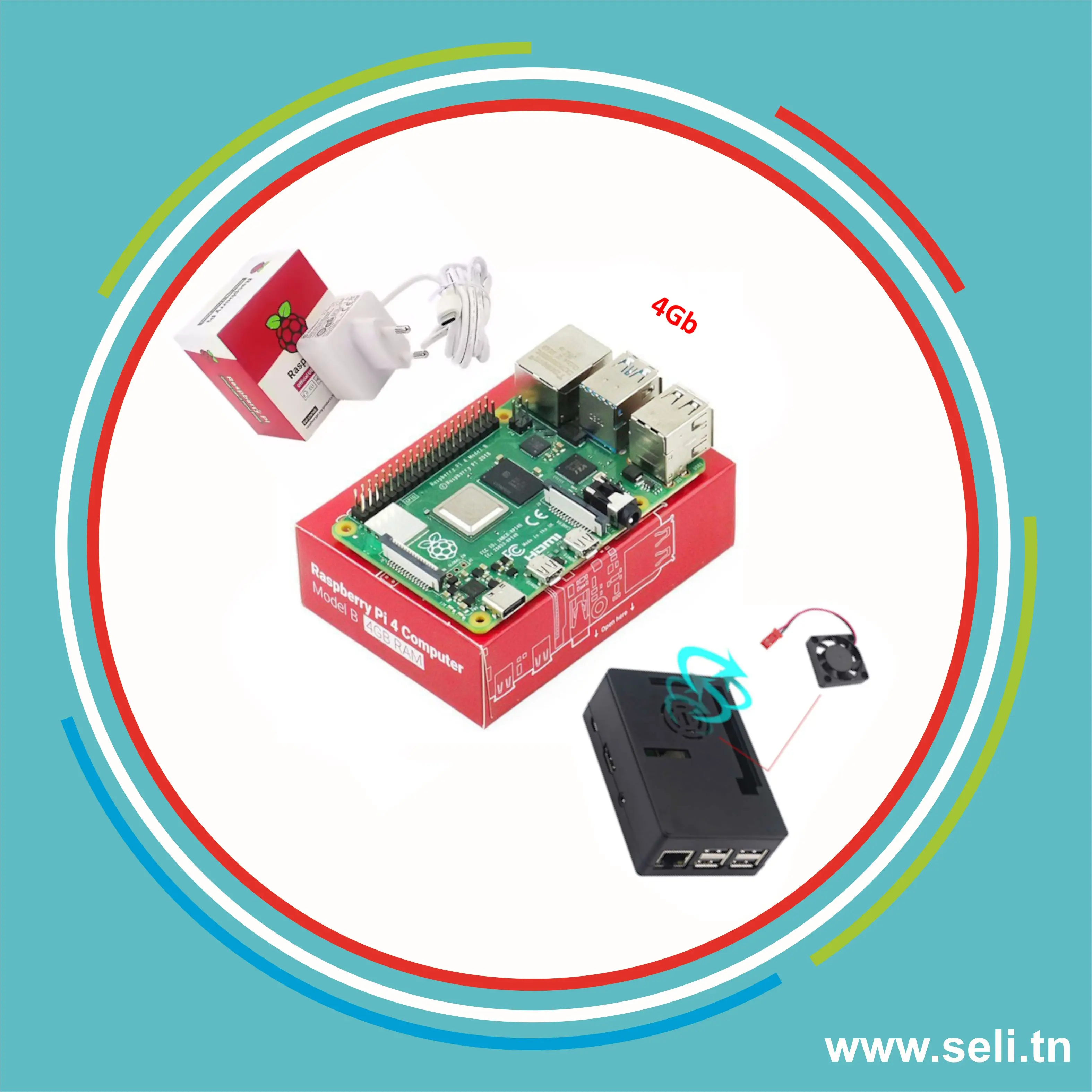 KIT RASPBERRY PI4 MODEL B 4G RAM+ ALIM OFFICIEL+ BOITIER + VENTILATEU.Arduino tunisie