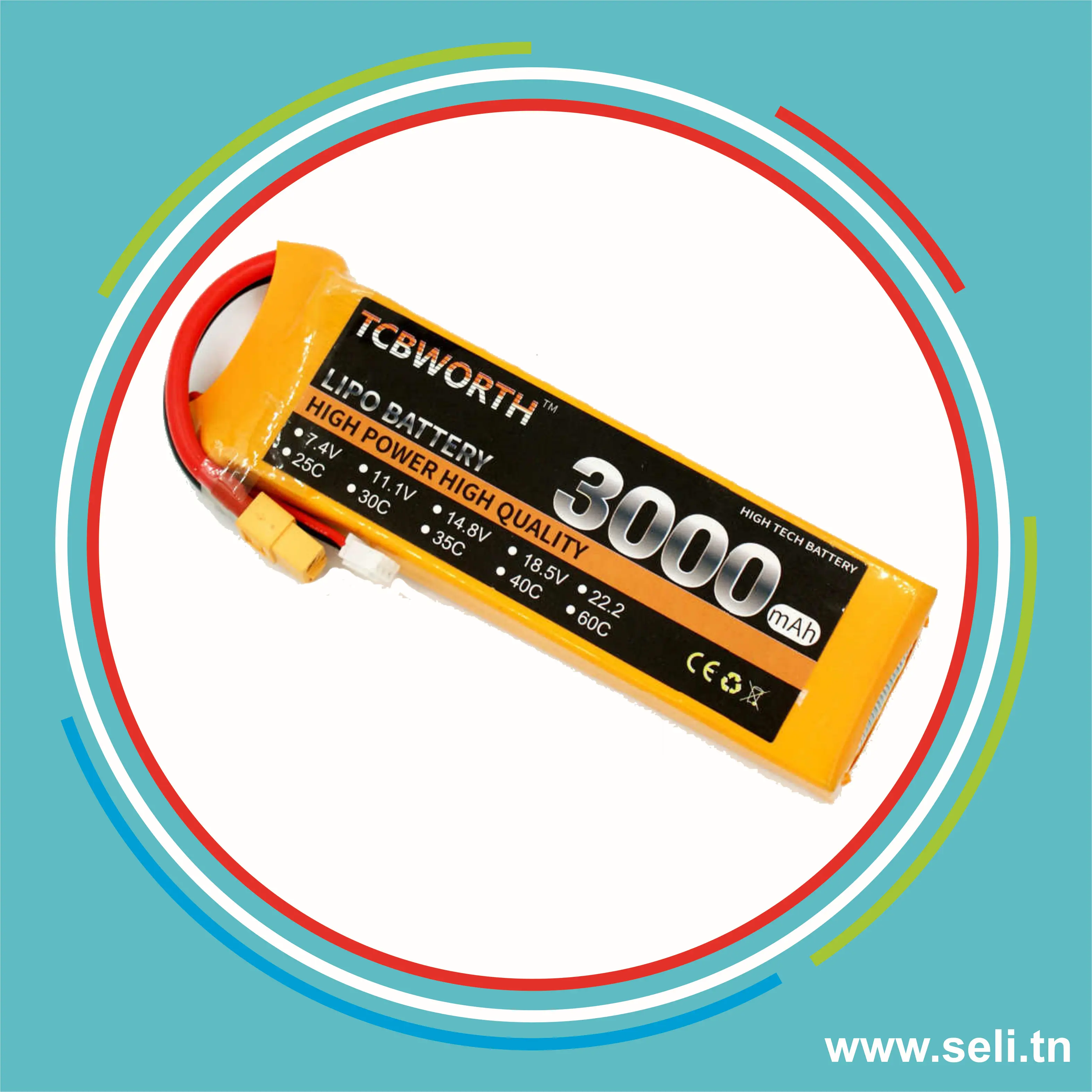 BATTERIE LIPO 2S 7.4V - 3000mAh 35C - XT60 TCBWORTH.Arduino tunisie