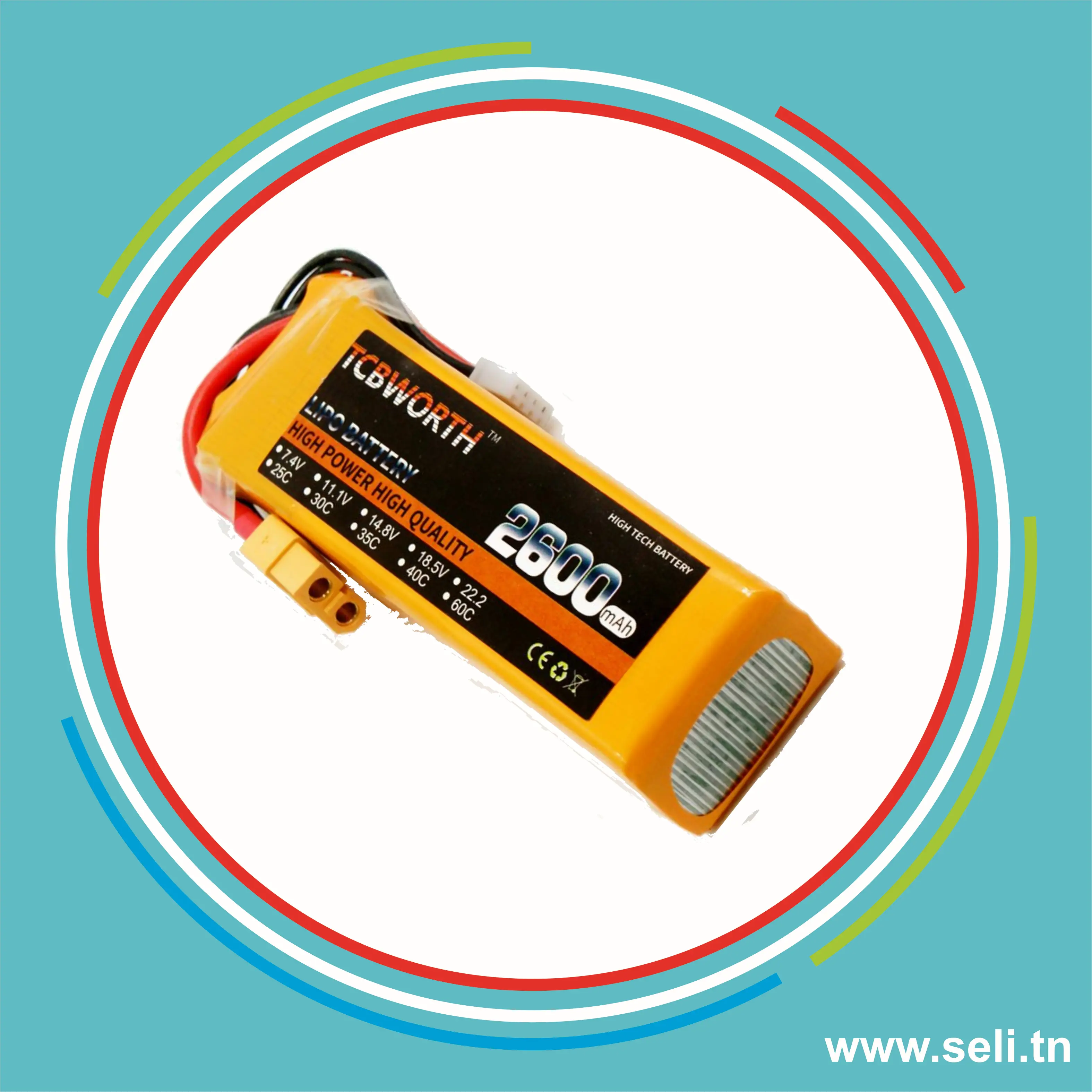 BATTERIE LIPO 3S 11.1V - 2600mAh 40C - XT60 TCBWORTH 120X34X25MM POIDS=211Gr.Arduino tunisie