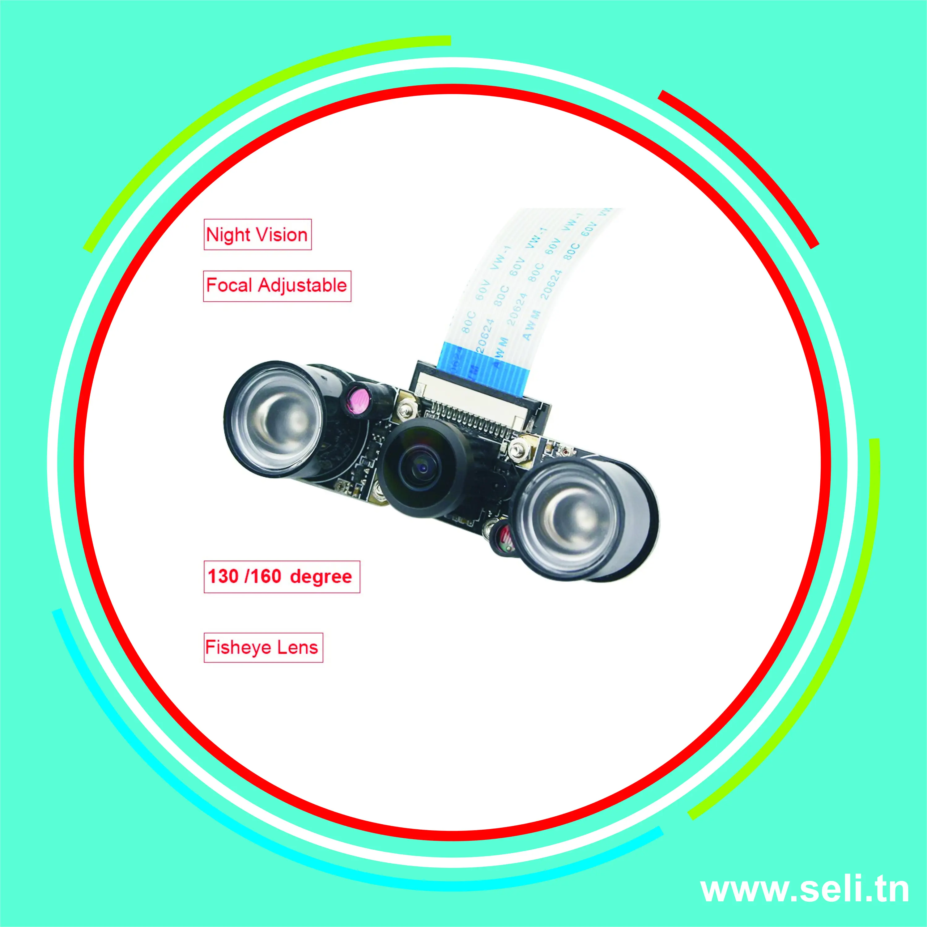 MODULE CAMERA  FISHEYES LARGE ANGLE VISON NOCTURNE COMPATIBLE RPI 4B/3B+ 5MP 1080P .Arduino tunisie