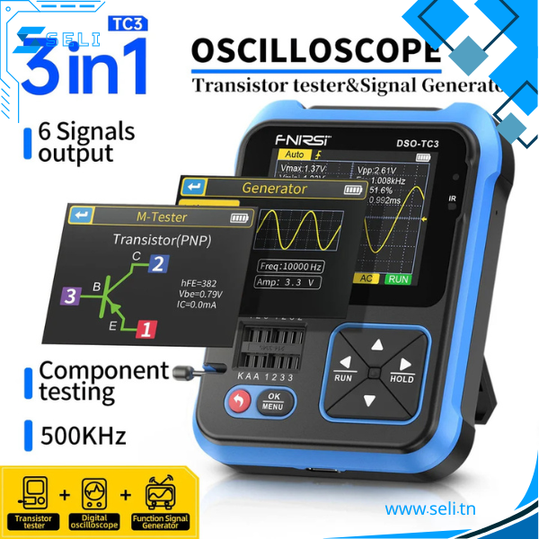 FNIRSI OSCILLOSCOPE PORTATIF 3 EN 1 DSO-TC3 GENERATEUR DE FONCTION ET TESTEUR DE COMPOSANTS